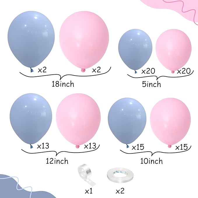 Pink and Blue Balloon Arch Kit, 100pcs Light Blue Macaron Pink Balloon Garland Kit for Gender Reveal, Different Sizes Baby Blue Pastel Pink Balloons for Baby Shower Wedding Birthday Party Decorations