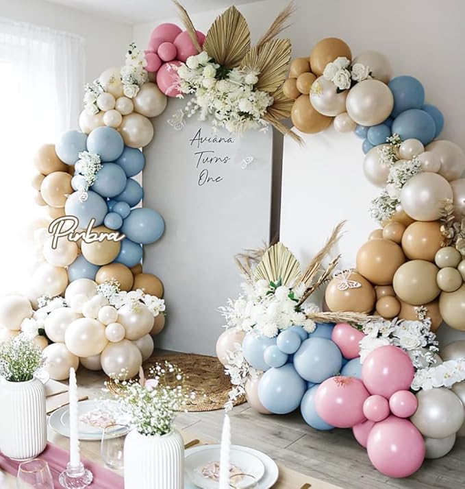 Dusty Rose Brown Balloon Garland Blue Pink Double Stuffed Tan White Sand Balloon Latex Pastel Arch Kit for Gender Reveal Baby Shower Birthday Bridal Shower Wedding Party Decorations