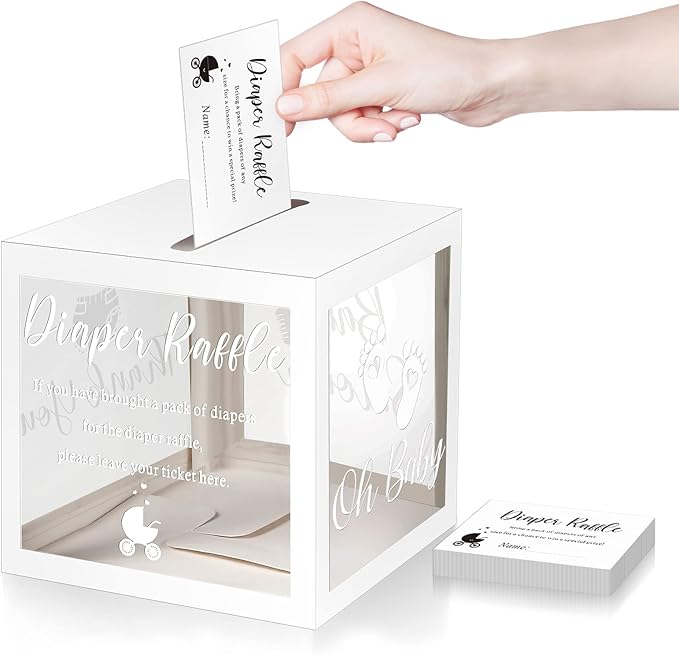 Funrous 51 Diaper Raffle Tickets with Box for Baby Shower Game Invitations Diaper Raffle Card for Gender Reveal Baby Shower Party Decoration Table Centerpiece(Clear White)