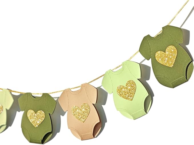Green Brown Baby Shower Paper Garland Short-Sleeve Bodysuits Clothesline Garland Gender Reveal Birthday Banner Baby Outfit Pre - Strung Paper Decorations 9 pcs