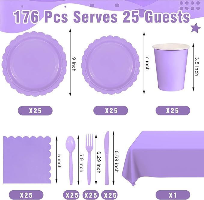176 PCS Purple Party Decorations - Light Purple Scalloped Plates, Napkins, Cups, Cutlery, Tablecloth for Baby Shower, Wedding, Lavender Birthday Decorations, Serves 25