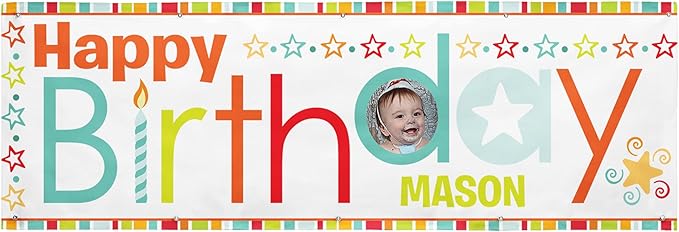 Let's Make Memories Personalized Birthday Banner - Kids Party Decorations - Custom Happy Birthday Banner - Indoor/Outdoor Vinyl - Any Text and Photo - Red Multi - 10ft