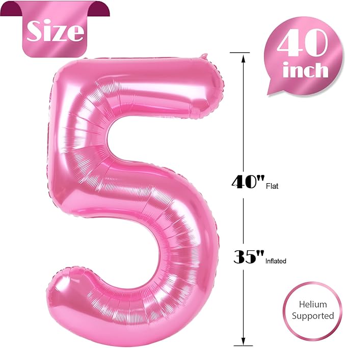 Pink Number 5 Balloon 40 Inch, 5th Birthday Party Decorations for Children, Giant 5 Foil Balloon for Party Supplies