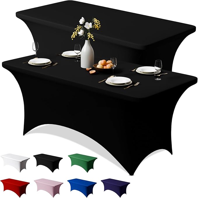 Trlyc 2 Pack 4FT Spandex Table Cloth - 48 x 30 Inch Rectangular Stretch Tablecloth, Wrinkle Resistant Scretch Table Cover for Wedding, Party, Banquet, Picnic, Outdoor Decoration (2Pcs,Black)