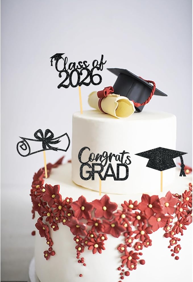 2026 Graduation Theme Cupcake Toppers Glitter Class of 2026 Graduation Cap Diploma Cupcake Picks - Set of 24 (Black)
