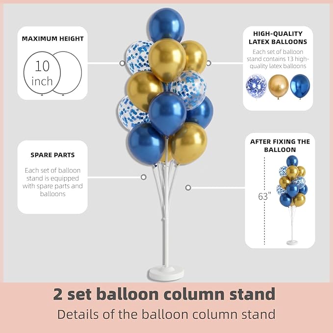 Balloon Column Kit Set of 2 With Balloons Included - Balloon Tower with Stand, Base, and Pole,Backdrop Decoration for Wedding, Baby Shower, Birthday Party, or Bachelorette Parties (Metallic Blue Gold)