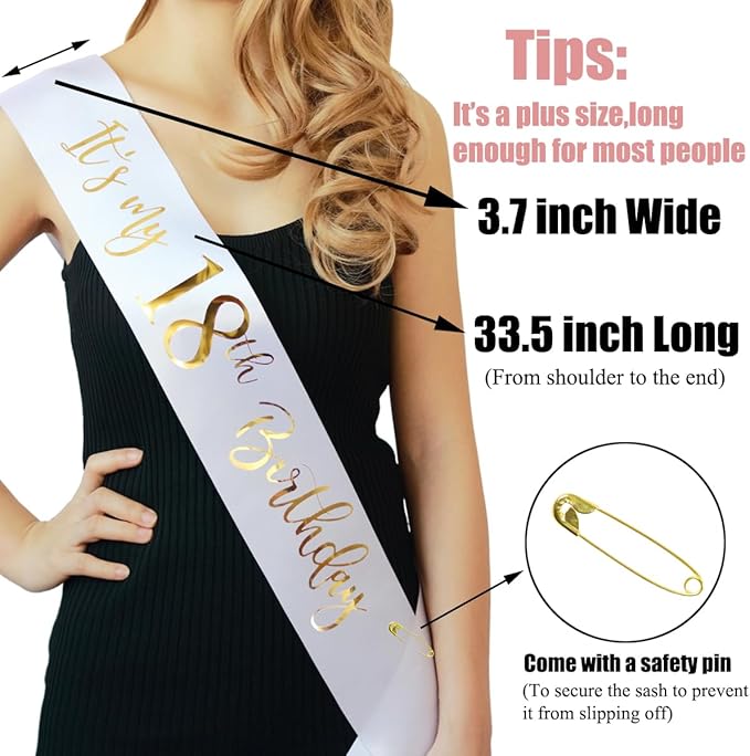 It's My 18th Birthday Sash White with Rose Gold Foil Lettering for Girls.