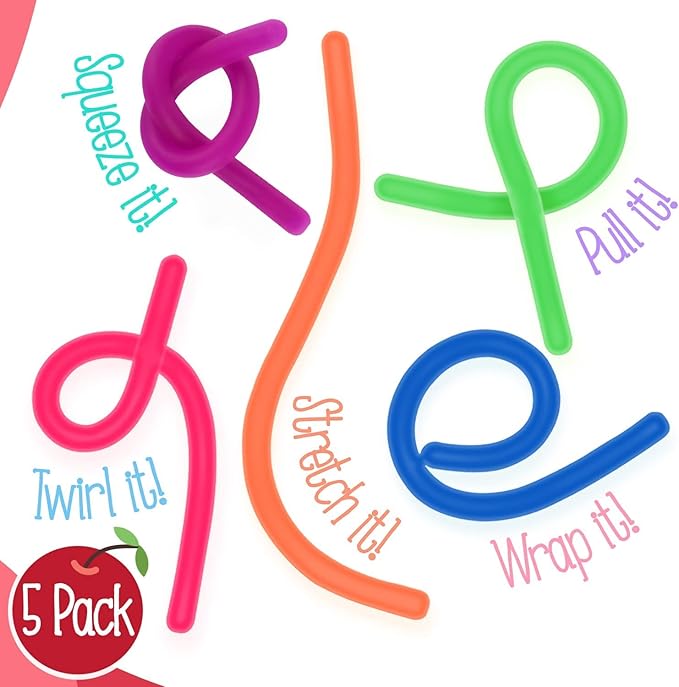 IMPRESA Monkey Sensory Noodles - 5-Pack, 12 in to 8ft, Ages 3+ - Calming Relief with Stretchy Fidget - String Toy for On-The-Go Relief - Durable TPR