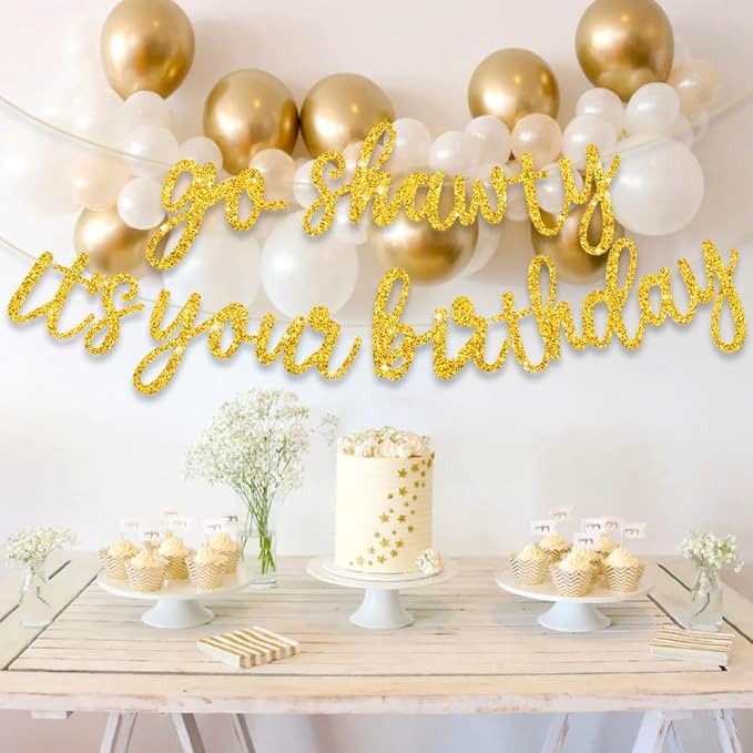 BEISHIDA Go Shawty It's Your Birthday Banner NO DIY Hip Hop Theme Happy Birthday Banner Pre-Strung Rap Theme Happy Birthday Sign for Man Women birthday Party Supply Glitter Gold