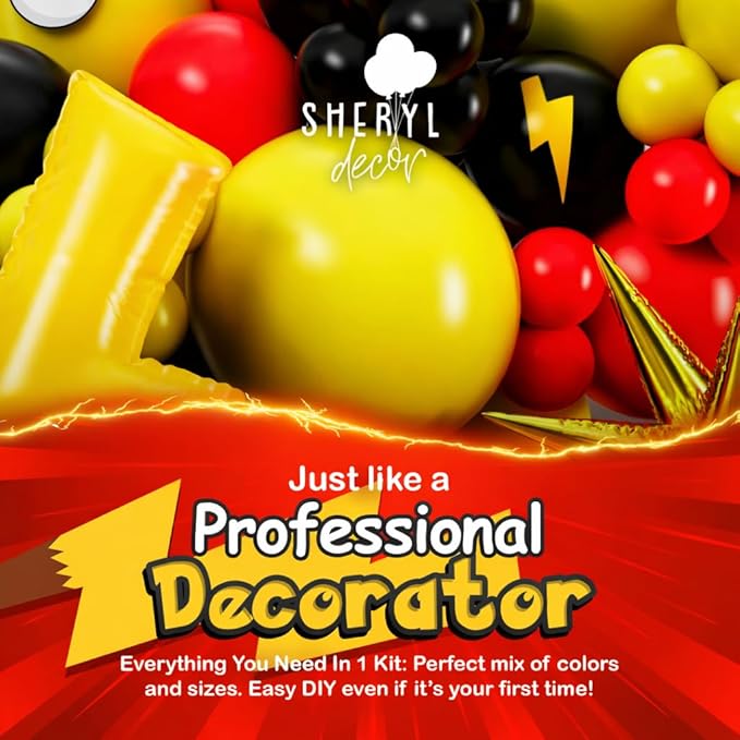 ALL-IN-1 Cartoon Balloon Arch Kit with BONUS Thunder & Starburst Balloons for Poke Birthday Decorations - Red Black Yellow Balloons for Poke Cartoon Birthday Decorations & Video Game Party Supplies