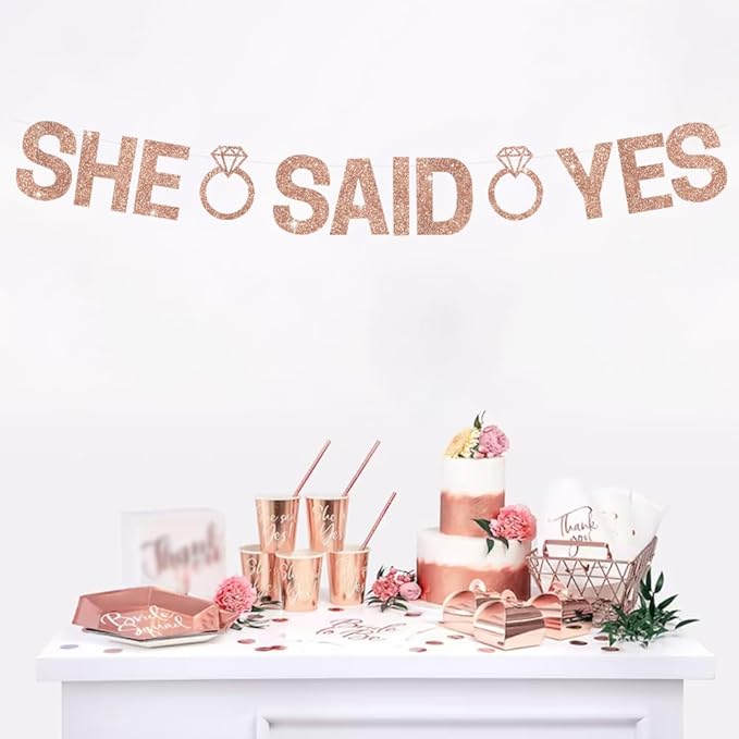 Glitter Rose Gold She Said Yes Banner Pre-Strung Engagement Decorations Bridal Wedding Party Sign Valentine's Day Garland Bachelorette Party Decor,NO DIY