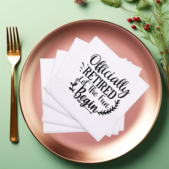Retirement Cocktail Napkins Party Napkins Beverage Napkins Bar Napkins Disposable Paper Novelty Humorous Gag Gift 100Pcs 4.5 x 4.5 17-ply (Officially Retired Let The Fun Begin)