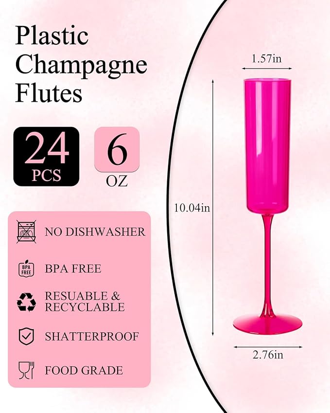Ciaell 24 Pack Plastic Champagne Flutes - Hot Pink 6 Oz Disposable Champagne Glasses - Square Plastic Toasting Glasses for Party Birthday Anniversary Wedding & Easter