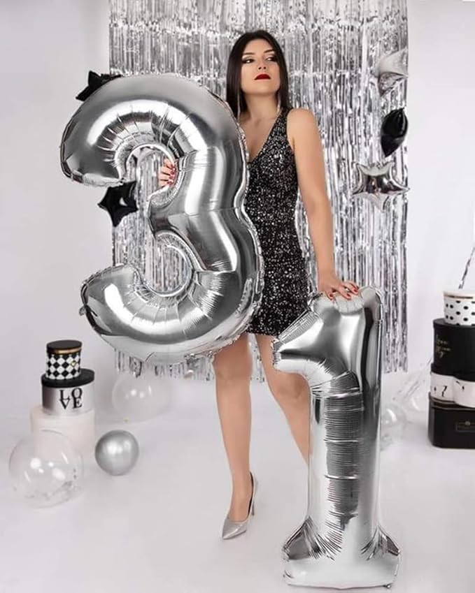 Numbers Balloon 3, 40 Inch Large Silver Balloon for Three Year Old Birthday Decor, 3 13 30 31 Birthday Party Decorations for Wedding Supplies