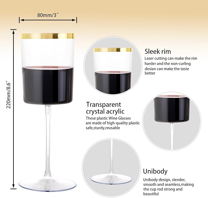 Ciaell 12 Pack Plastic Wine Glasses - 14 Oz Plastic Wine Glasses with Stem - Square Gold Disposable Stemmed Glass for Parties & Weddings & Outdoors
