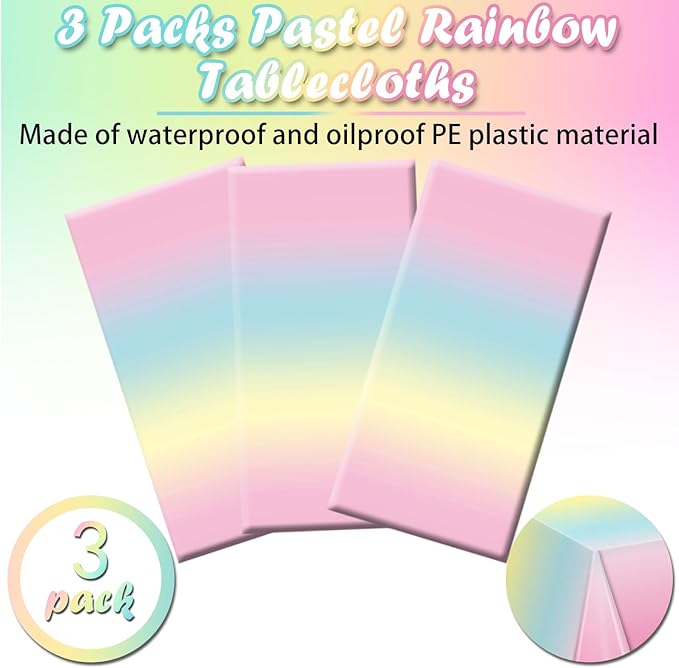 3 Pack Rainbow Tablecloth, Pastel Table Cloths for Parties Rainbow Princess Plastic Table Cloth Birthday Party Colorful Disposable Tablecloth for Pastel Birthday Party Decorations 54x108 Inch