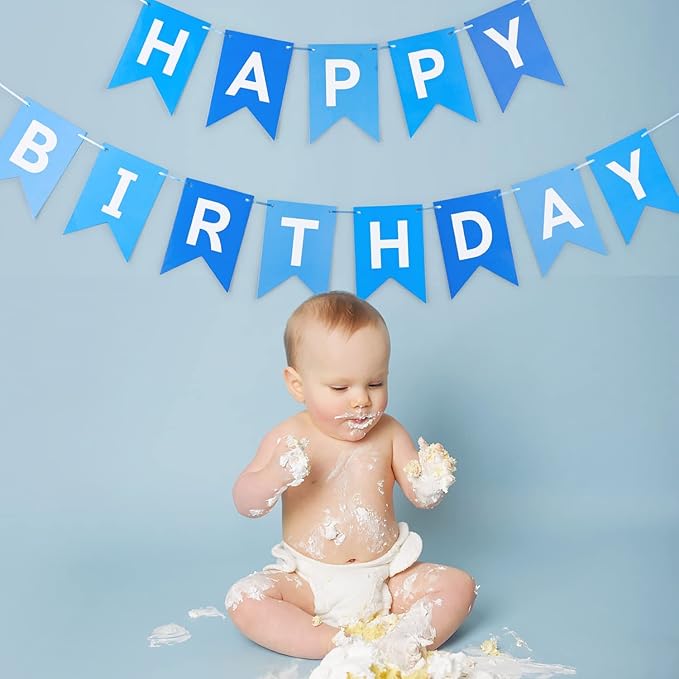 Blue Happy Birthday Banner Sign Happy Birthday Bunting Banner Garland for Kids Boys Baby 1st Birthdays Tea Party Decorations Bunting Flag Birthdays Party Supplies