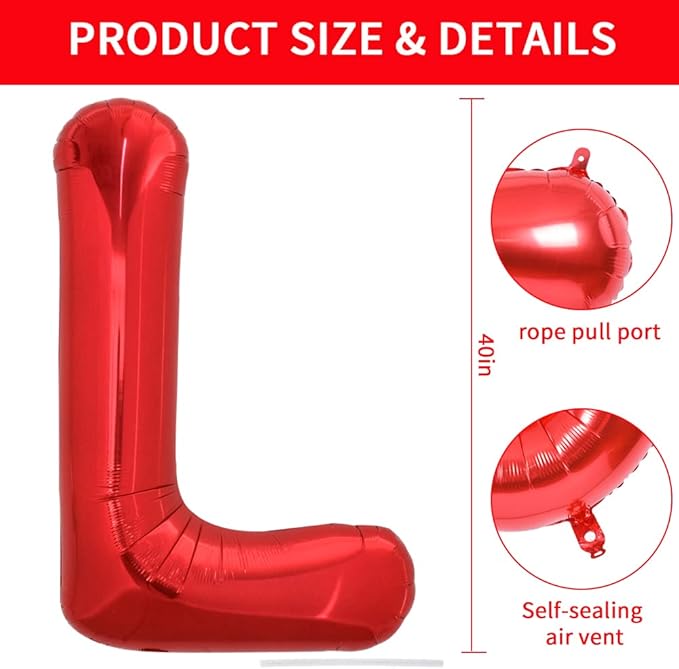 TONIFUL 40 Inch Large Bright Red Letter Balloons A-Z, Giant Jumbo Helium Foil Mylar Big Letter L Balloons for Birthday Party Anniversary Wedding Decorations