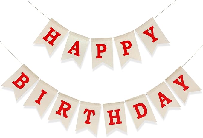 Happy Birthday Banner - Pre‑Strung Burlap Birthday Decorations and Reusable Birthday Sign for Men, Women & Kids | Party Supplies Backdrop (Red)