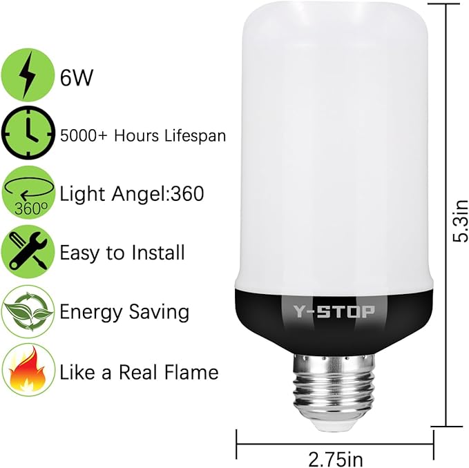 Y- STOP Flame Light Bulbs, LED Fire Light Bulb with Flickering Flame Effect, 4 Modes Halloween Decor Lights, E26 Base Upside Down Bulbs for Halloween, Christmas Decorations, Party (Yellow)