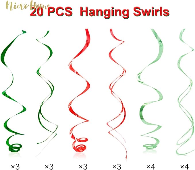 Christmas Decorations, 30 PCS Hanging Swirls Ceiling Decorations with Santa Claus, Snowman, Christmas Tree and Stocking Elements for Xmas Holiday Party Supplies