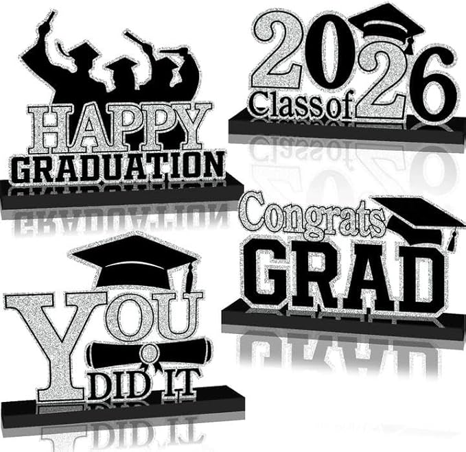 4Pcs Graduation Decorations Class of 2026 Wood Table Centerpieces Congrats Grad Wooden Sign Graduation Table Toppers Congratulate Tiered Tray Decor for 2026 Graduation Party(Black-Silver)