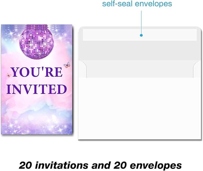 Soiceu Teen Girl Birthday Party Invitations Pink Purple Disco Music in My Birthday Era Invites with Envelopes Set of 20
