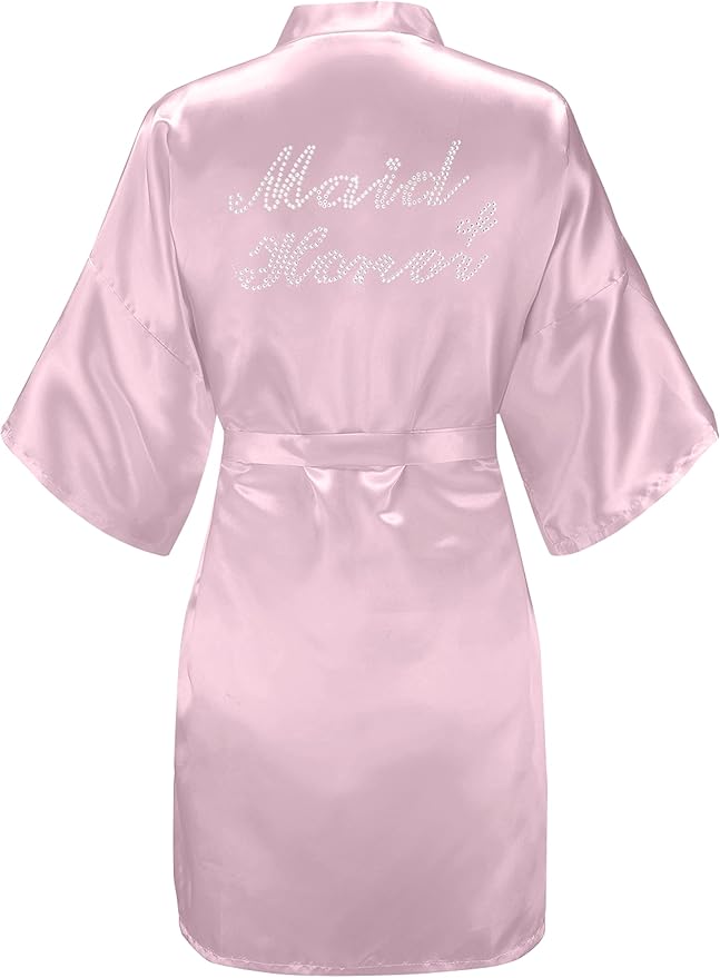 EPLAZA Women's One Size Silver Rhinestones Bride Bridesmaid Short Satin Robes for Wedding Party Getting Ready