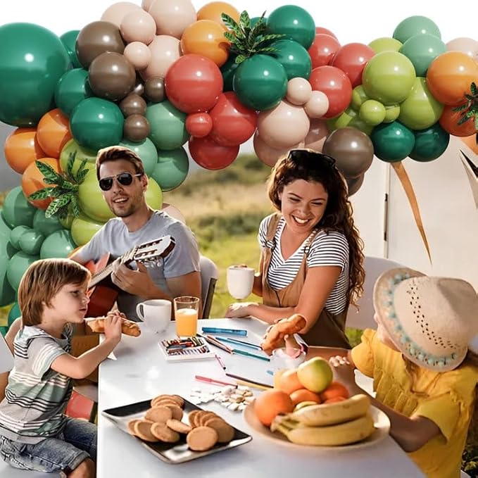 Camping Balloon Arch Kit, Dark Sage Green Orange and Brown Latex Balloons with Campfire Foil Balloon, 157Pcs for Camping Forest Jungle Safari Woodland Birthday Party Decorations