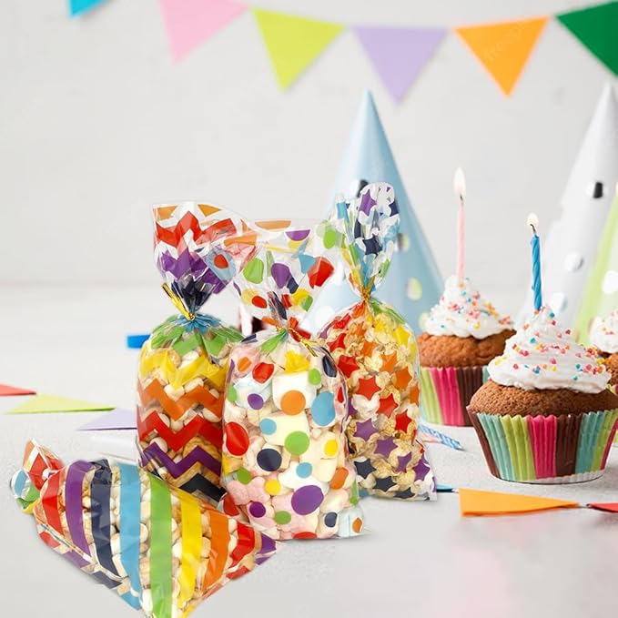 Party Favor Bags for Kids Birthday, 200 PCS Rainbow Cellophane Treat Goodie Candy Gifts Bags with Ties Colored Pouch Stuffers Baby Show Supplies Baggies Colorful Dot Stripes Printed Wrap(5x11 Inch)