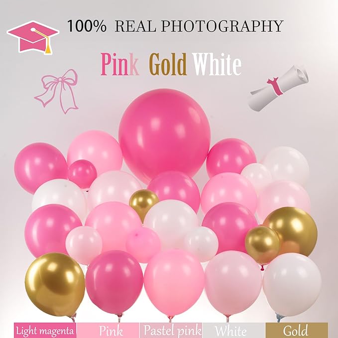 Pink Graduation Balloon Garland Arch Kit 122PCS with Graduation Star Certificate Letter Mylar Foil Balloons for Graduate Class of 2026 Grad Prom party Decorations Supplies (Hot Pink White)