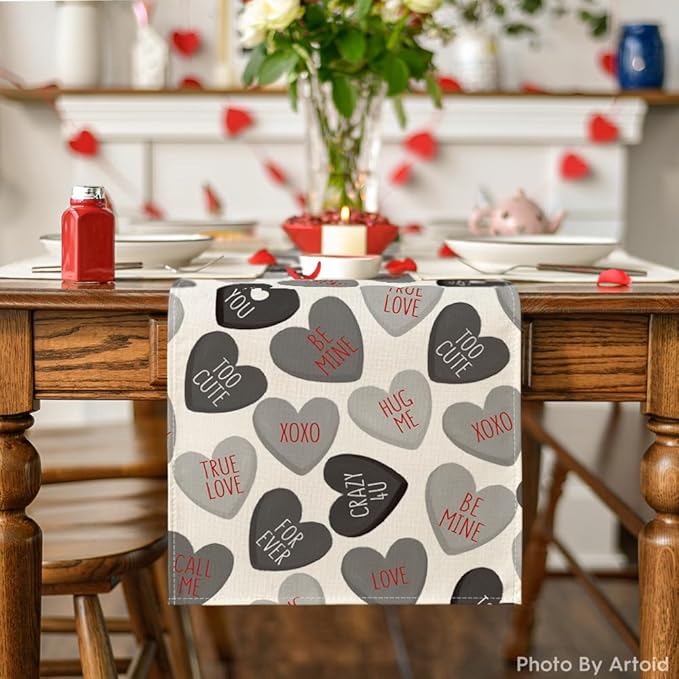 Artoid Mode Black Ture Love Heart Valentine's Table Runner, Seasonal Kitchen Dining Table Decoration for Home Party Decor 13x72 Inch