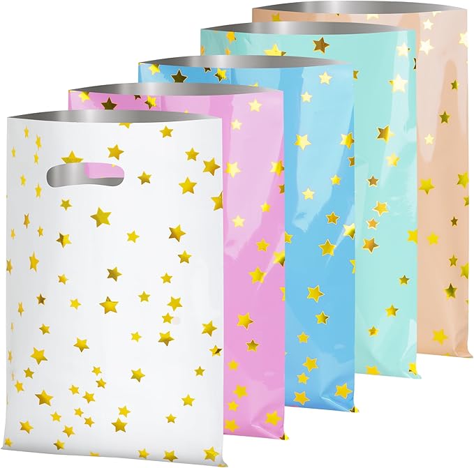 LEKOKO 50 Pcs Party Favors Bags, Cute Star Pattern Birthday Goodie Candy Bags, Plastic Party Gift Bag Bulk for Kids Birthday Baby Shower