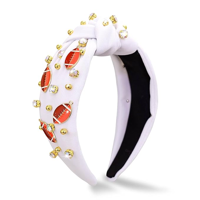 Football Headband for Women, Rhinestone Wide Jeweled Fashion Knotted Hairband for Game Day, Football Costume Sports Hair Accessories for Football Mom Cheer Fans Party Gift - White