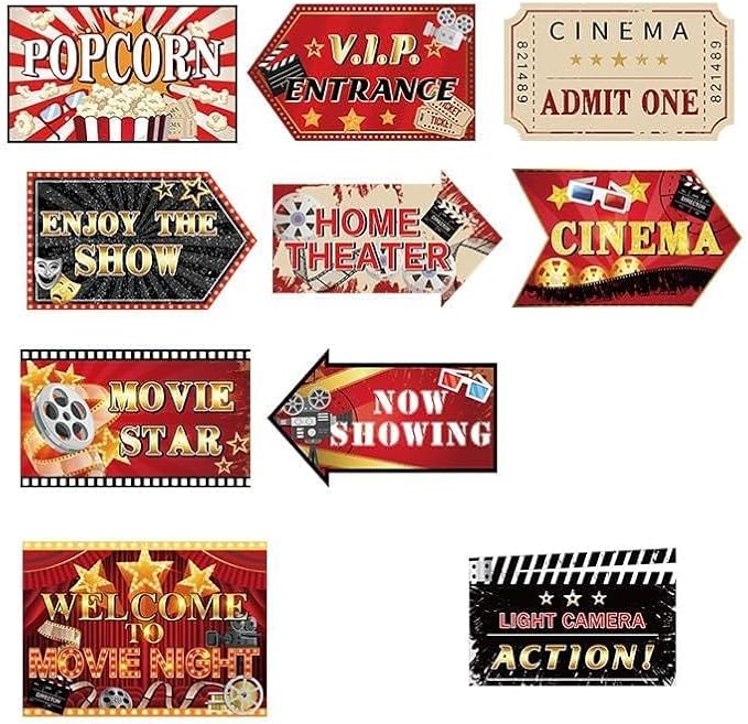 Hooqict 20 Pieces Movie Night Decorations Movie Themed Party Directional Signs for Cinema Welcome Now Showing Theater Film Birthday Party Decorations Supplies