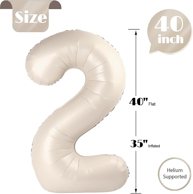 Cream Number 2 Balloon 40 Inch, 2nd Birthday Decoration for Toddlers Girls Boys, Sparkling 2 Number Balloon Party Decor