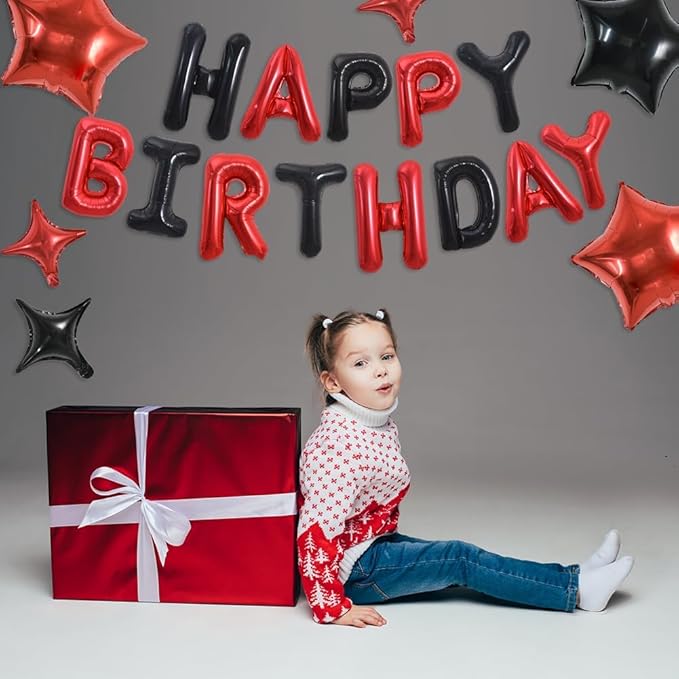 TONIFUL 35PCS 16 Inch Black Red Happy Birthday Balloon Black Red Happy Birthday Balloons Decorations with Star Balloons for Girls Boys Kids Men Women Adults Birthday Party Decorations Supplies