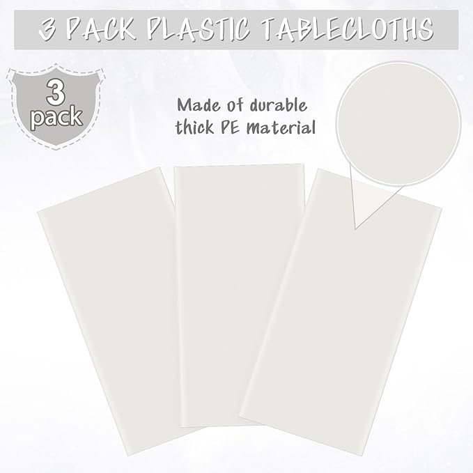 3Pcs 54 x 108 Inch White Rectangle Tablecloth,Disposable Plastic Table Cloth,Waterproof White Table Cover for Graduation Birthdays Weddings Anniversary Party Decorations