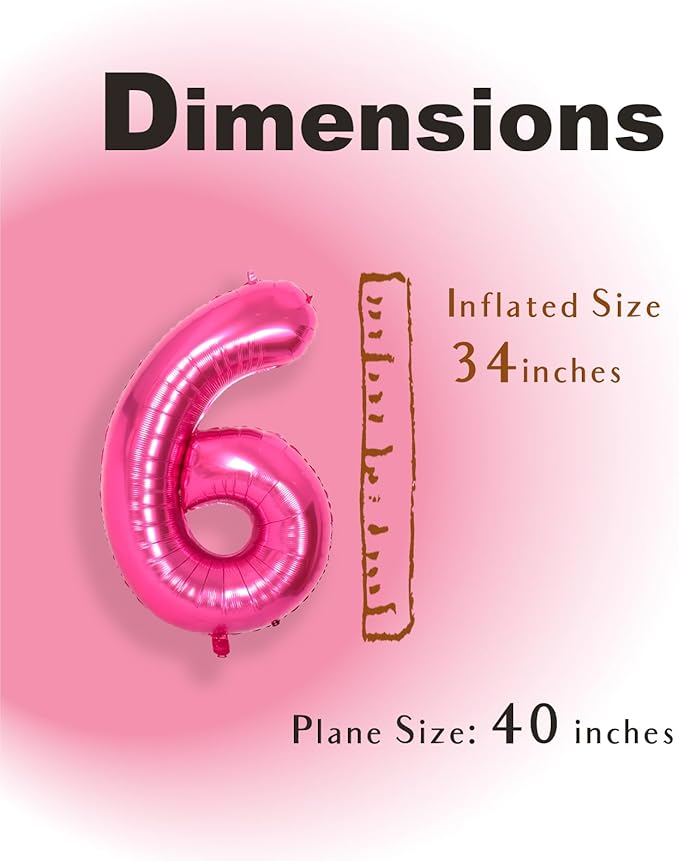 SUWEN 40 Inch Hot Pink Large 6 Number Balloons Big Foil Helium Number Balloons 0-9 Jumbo Happy 6th Mylar Birthday Party Decorations for Girl Anniversary Party Supplies
