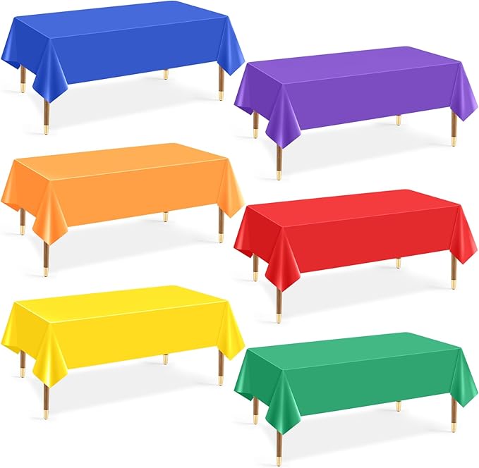 Mwellewm 6Pcs Plastic Table Cloth Disposable, Assorted Color Rainbow Tablecloth Colorful Neon Rectangle Bulk Solid Table Cover for Birthday Wedding Graduation Picnic Home Party Decorations（54x72 Inch）