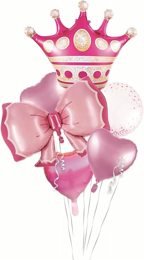 Princess Crown and Hearts Foil Balloon Bouquet, Pink, 5-Piece Party Decoration Set