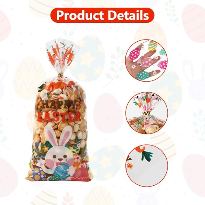 100 PCS Easter Cellophane Bags(5x11 Inch) with Ties for Candy Goodie Treat Snack Goody Cookie Small Gifts Wrap Plastic Ziplock Bag Baggies Pouch Easter Party Favors Supplies Decorations Table Decor