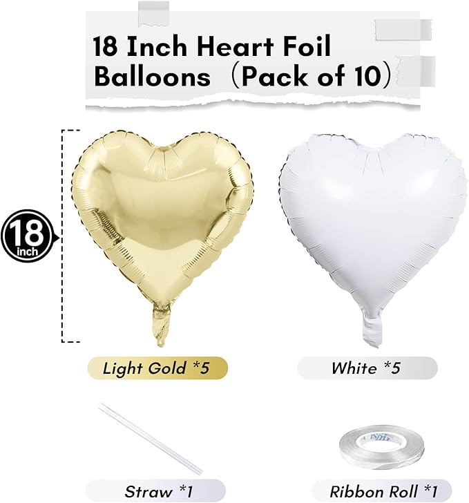 Gold White Foil Heart Balloons, 18 Inch 10 Pcs Pastel Yellow White Foil Heart Shape Balloons Large Light Yellow and White Heart Balloons for Birthday Wedding Graduation Baby Party Valentines