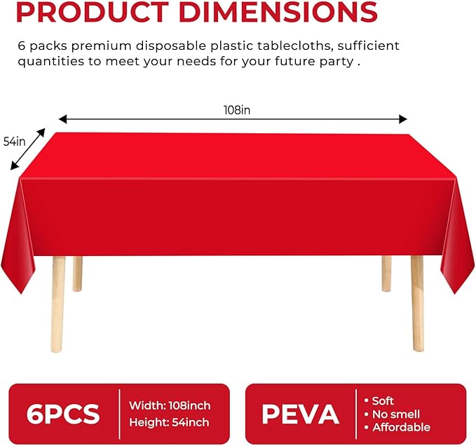 6 Pack Premium Disposable Plastic Tablecloth 54" x 108" Party Table Cloths Disposable for 6 to 8 Foot Tables Indoor or Outdoor Parties Birthdays Weddings Christmas Anniversary Buffet Table (Red)
