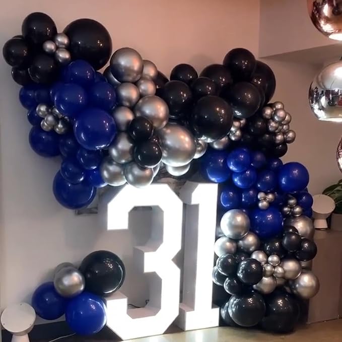 Royal Blue and Black Balloons Arch Kit -Navy Blue Balloons Metallic Sliver Black Different Size Balloons Garland Kit for 30th 40th 50th 60th Birthday Anniversary Graduation Party Decorations