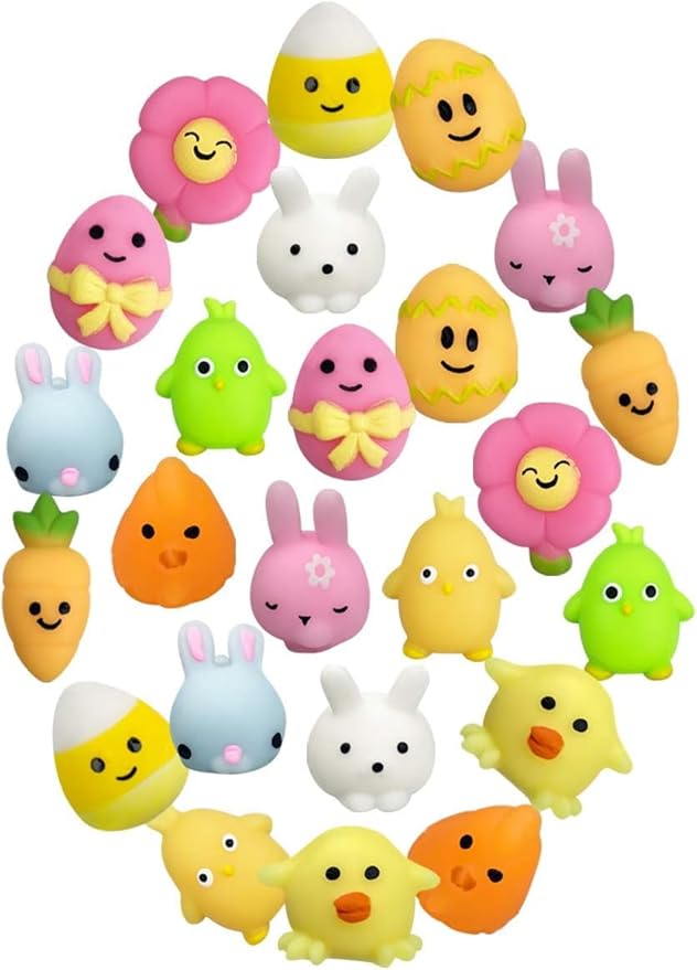 24 PCS Easter Mochi Squishy Toys Stress Relief Squishies for Kids Boys Girls Toddlers Easter Basket Stuffers Egg Fillers Gifts Party Favors