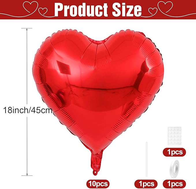 Red Heart Balloons,10Pcs Red Foil Heart Shaped Love Balloons,18Inch Helium Polyester Film Balloon for Valentines,Engagement,Birthday,Baby Shower,Wedding Party Decorations