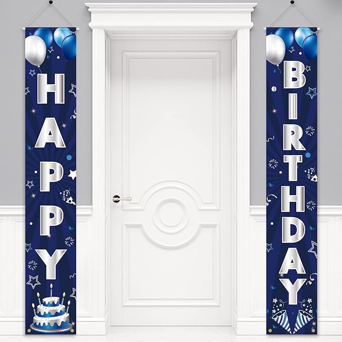 Blue Silver Birthday Decorations Banner, Happy Birthday Door Sign, Polyester, 72 x 12 Inch, for Men Women Boys Girls, Reusable, Ideal Party Supplies