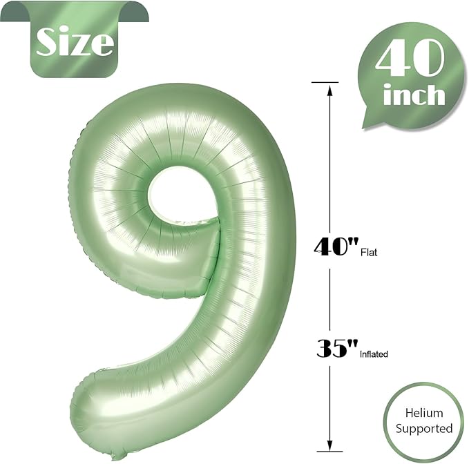 Sage Green Number 9 Balloon 40 Inch, 9 Balloon Number, 9th Birthday Decorations, Oliver Green Party Supplies for Boys Girls