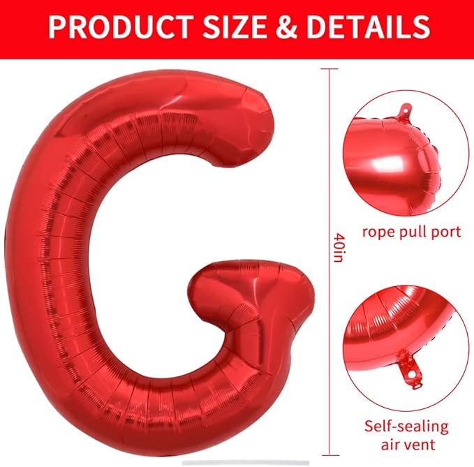 TONIFUL 40 Inch Large Bright Red Letter Balloons A-Z, Giant Jumbo Helium Foil Mylar Big Letter G Balloons for Birthday Party Anniversary Wedding Decorations